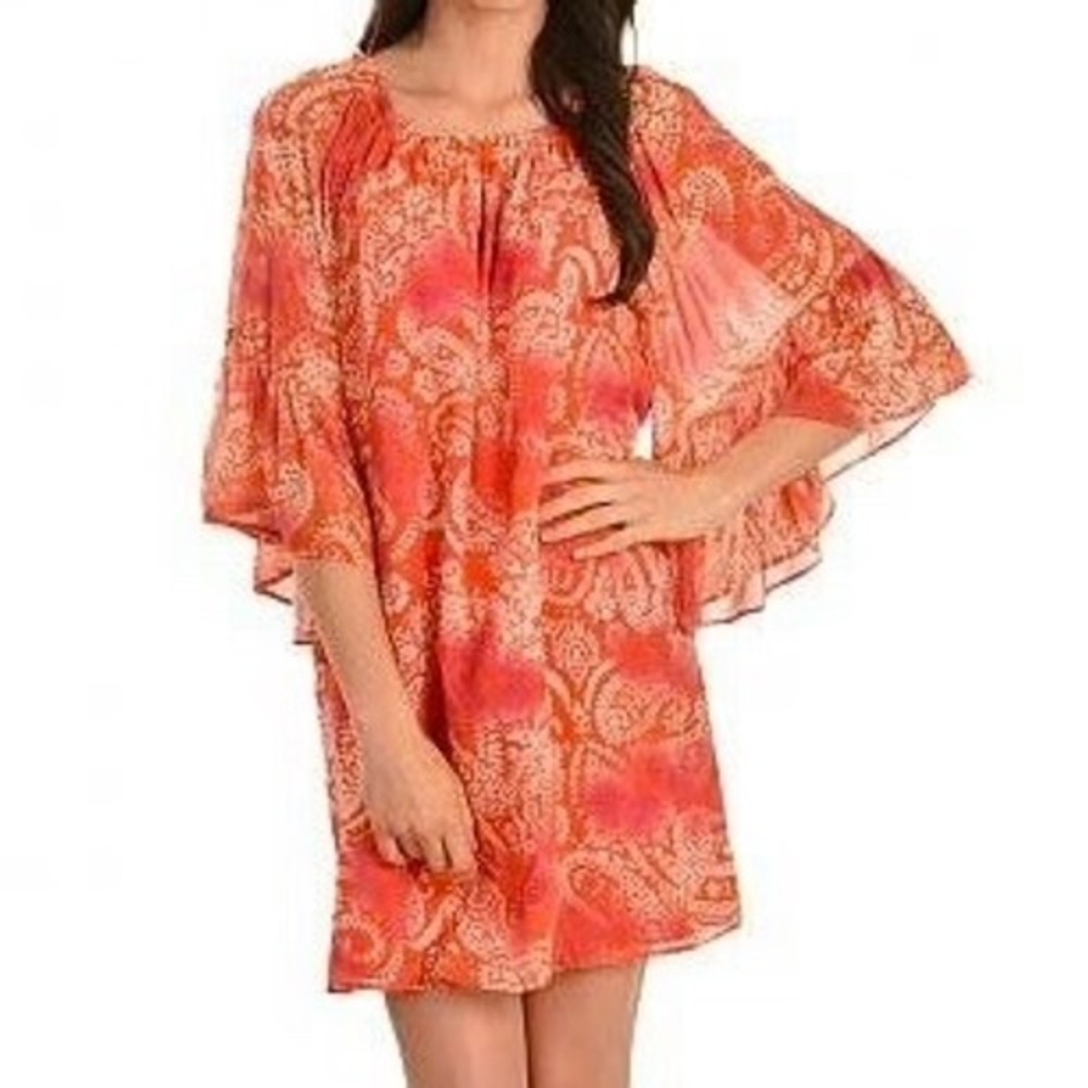 (A1) Cowgirl Justice XL Orange Pink Paisley Bell Sleeve Tunic Dress Boho Western